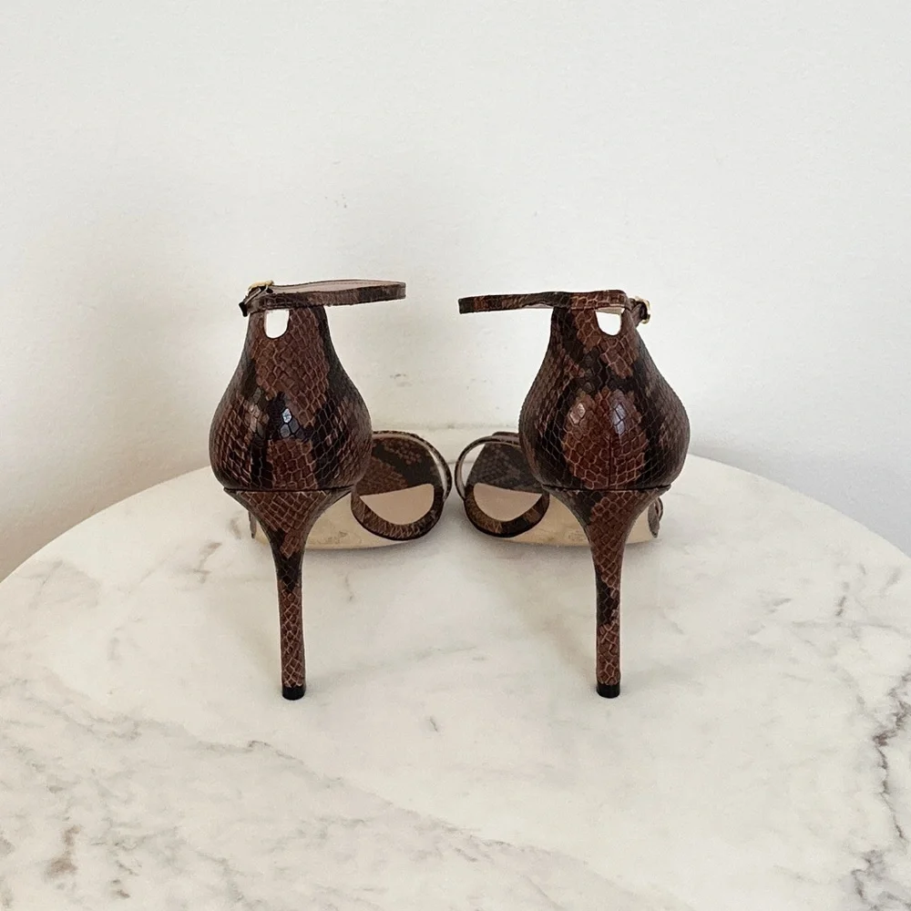 NEW Stuart Weitzman Amelina 95 Snake Embossed Sandals Nudist Brown Size 8.5